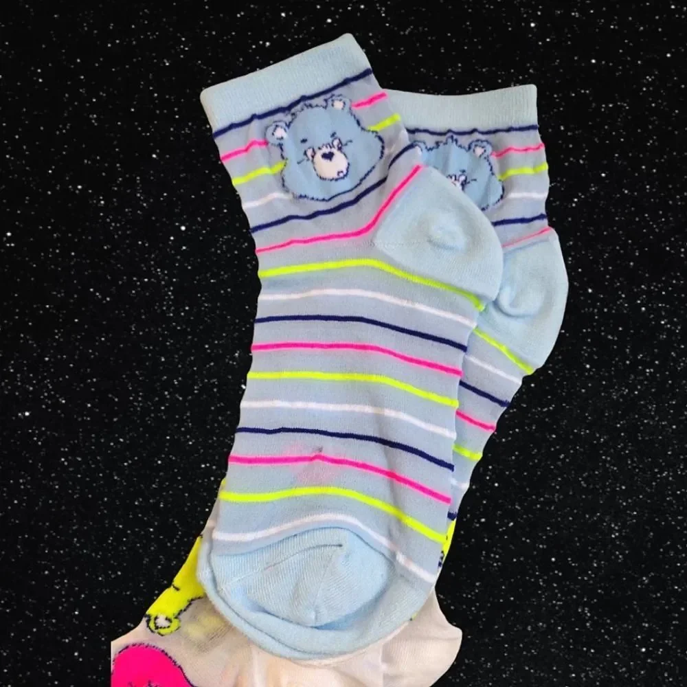 Care Bears‎ White Colorful Neon Print 2 Pairs Nylon Capri Socks NWT Nostalgia